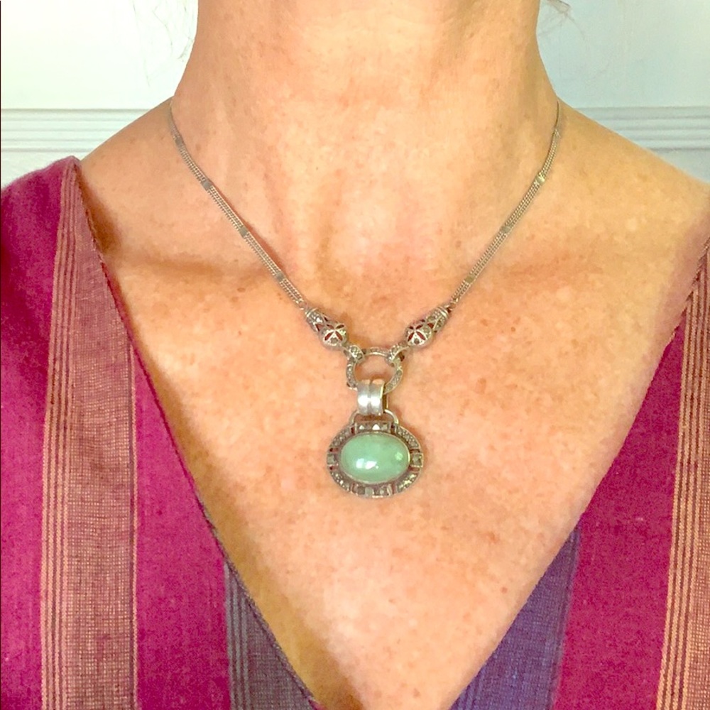 Jade, Marcasite & Sterling Silver 16 1/2” Necklace